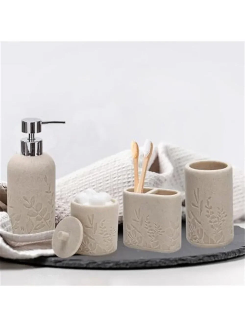 Beige Bathroom Accessories Set Resin Soap Dispenser Toothbrush Holder Soap Dish